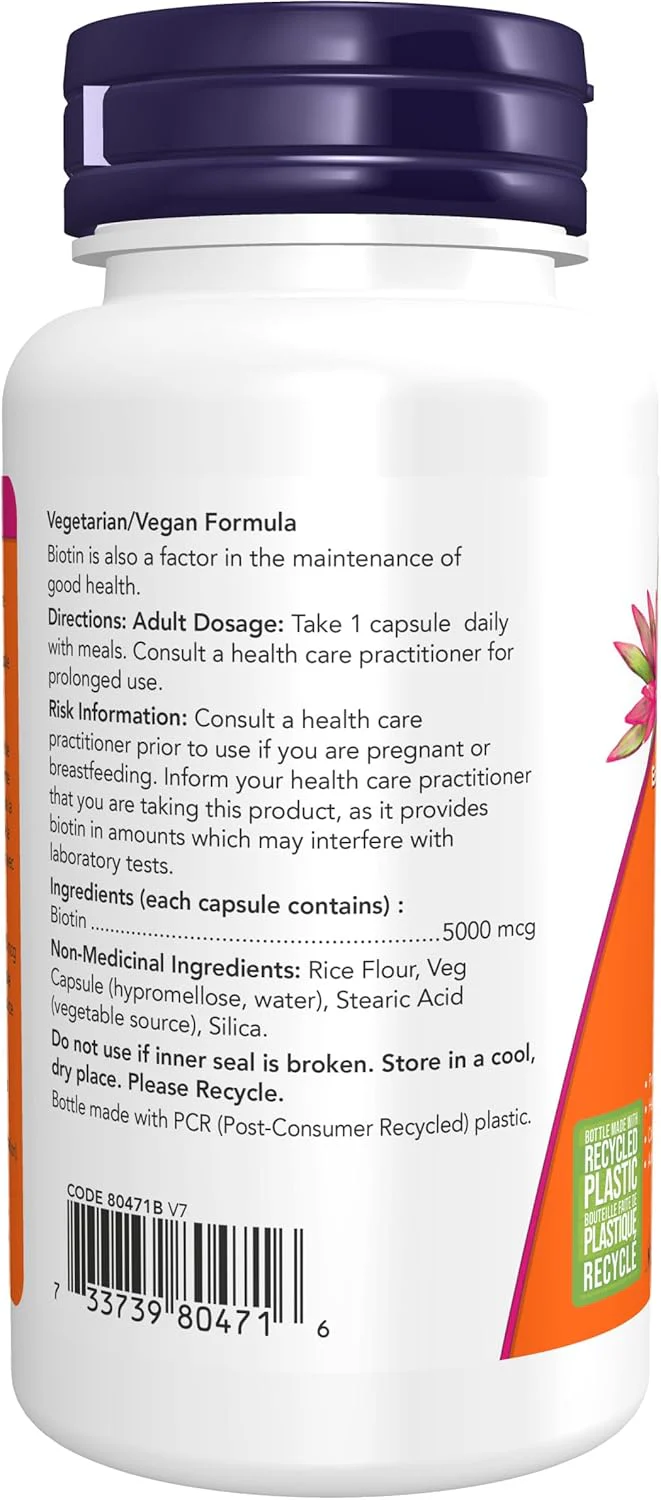 Biotin 5000 mcg  | NOW® | 60 Vegetarian Capsules - Image 3