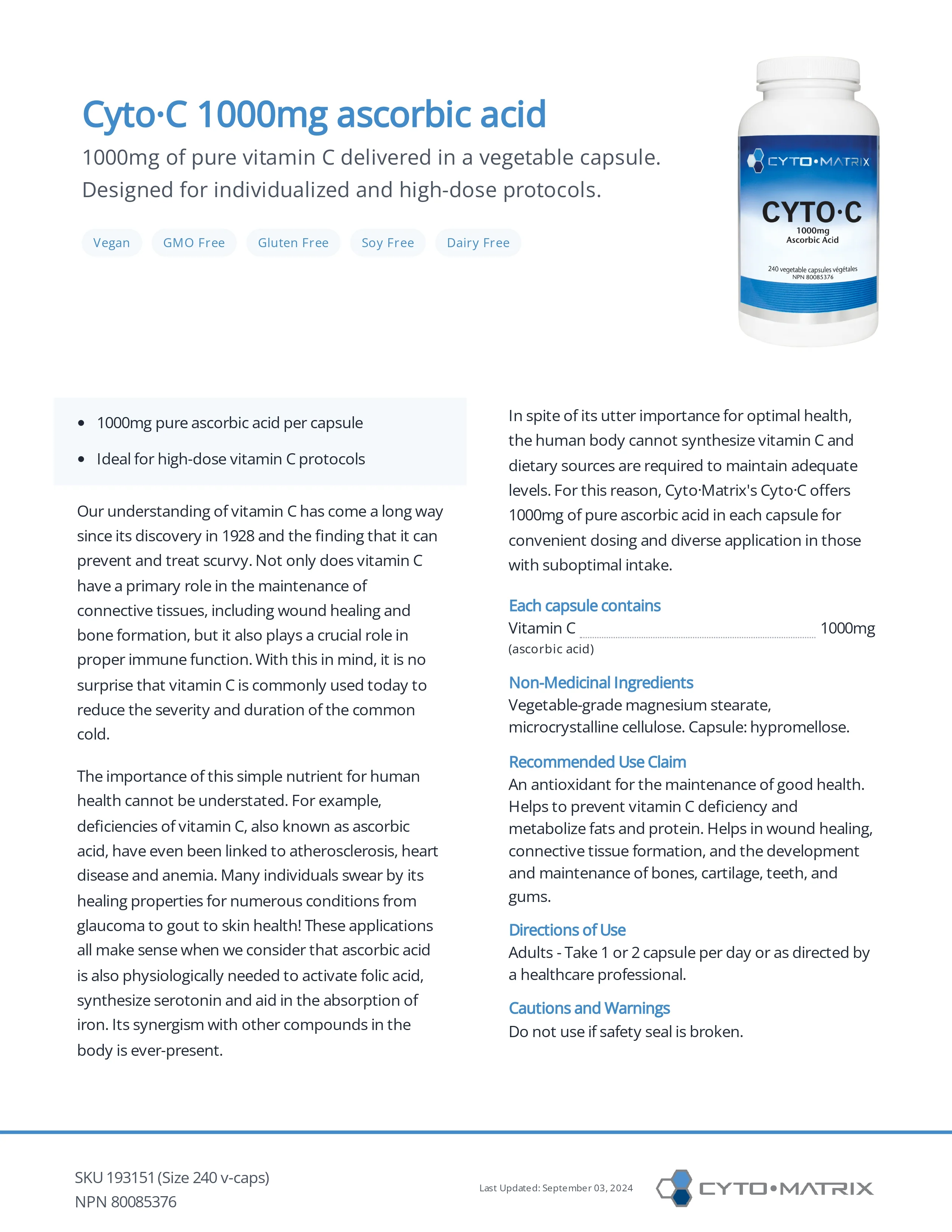 Cyto-C 1000mg Ascorbic Acid | Cytomatrix® | 240 Vegetable Capsule - Image 2
