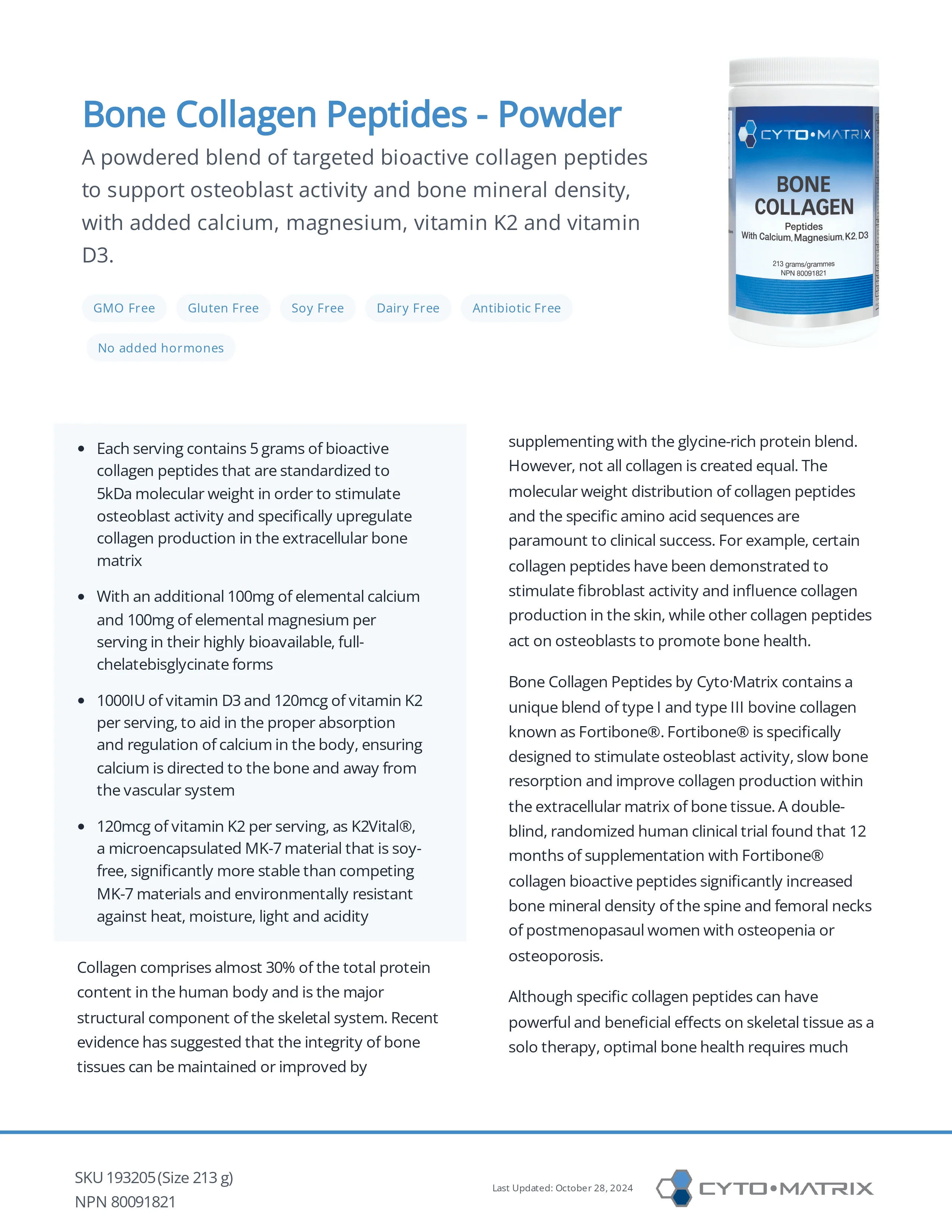 Bone Collagen Peptides Powder by Cytomatrix® – Bone Density & Collagen Support | 213 g - Image 2