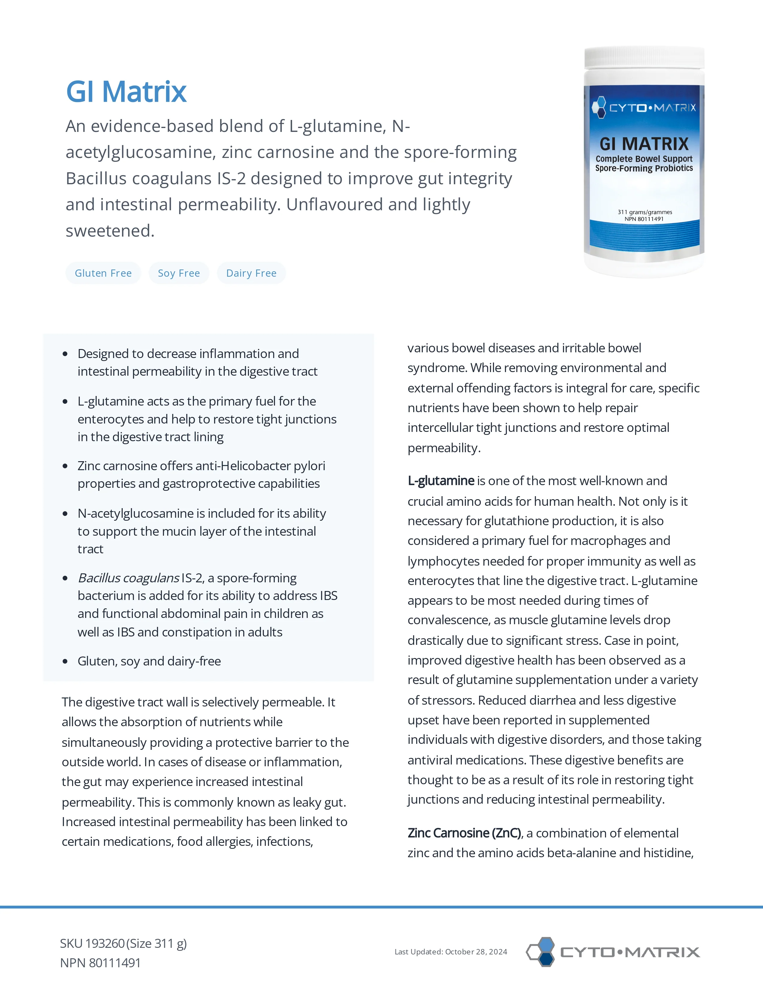 GI Matrix Powder by Cytomatrix® – Gut Lining, Digestive & Microbiome Support | 311 g - Image 2