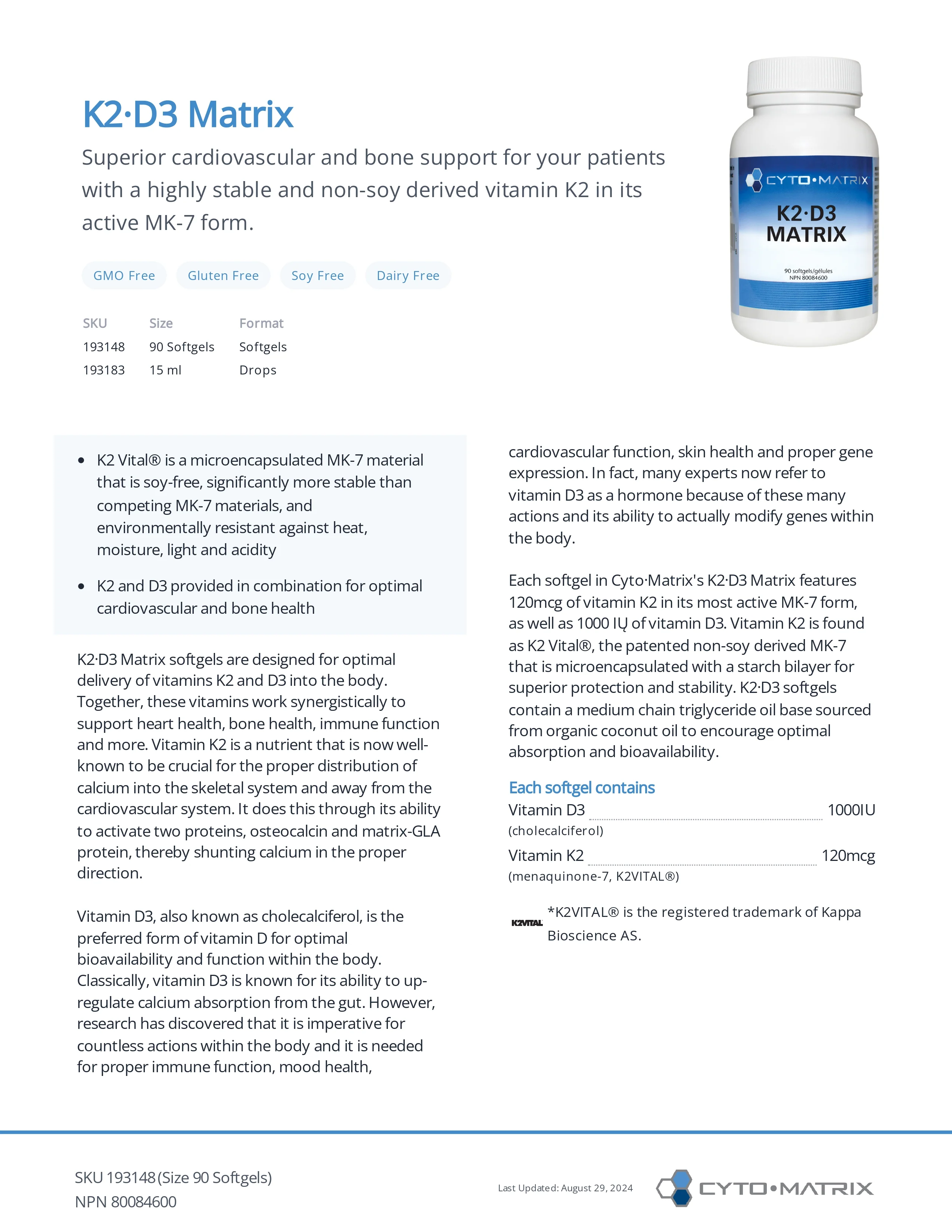 K2-D3 Matrix by Cytomatrix® – MK-7 Vitamin K2 & 1000 IU D3 Support | 90 Softgels - Image 2